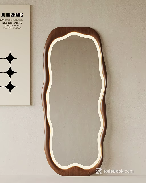 Modern Curved Mirror With Wooden Frame And LED Lighting On Wall 3d model 