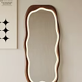 Modern Curved Mirror With Wooden Frame And LED Lighting On Wall