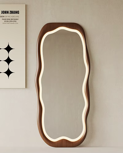 Modern Curved Mirror With Wooden Frame And LED Lighting On Wall 3d model