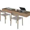 Modern Wooden Desk With Open Book Coffee Cup Laptop And Woven Chairs