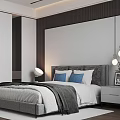 Modern Bedroom Interior with Gray Bed Blue Pillows Pendant Lights and White Wardrobes