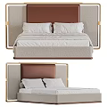 Double Bed Featuring Brown Headboard White Sheets and Modern Metal Frame 3d model