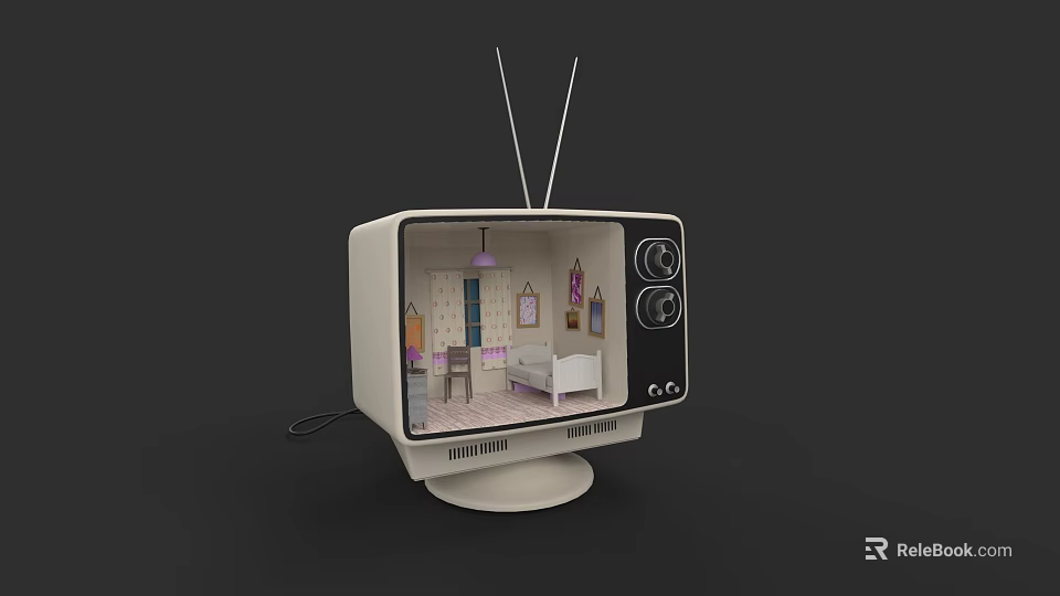 Classic Vintage TV with Antenna Displaying Cozy Bedroom Interior Design 3d model 