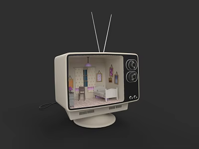 Classic Vintage TV with Antenna Displaying Cozy Bedroom Interior Design 3d model