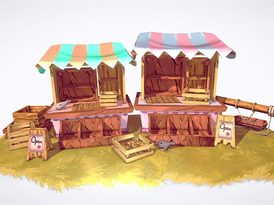 Two Wooden Stalls With Colorful Awnings And Wooden Crates Near Small Signs On Grass Field 3d model