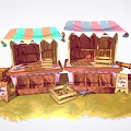 Two Wooden Stalls With Colorful Awnings And Wooden Crates Near Small Signs On Grass Field