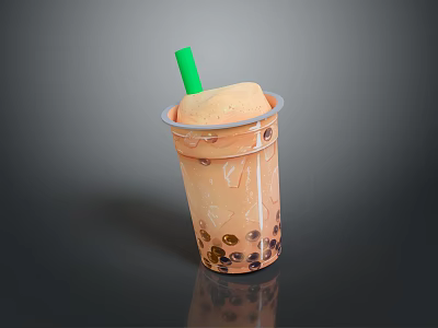 Creamy Bubble Tea With Tapioca Pearls In Transparent Cup And Green Straw 3d model