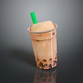 Creamy Bubble Tea With Tapioca Pearls In Transparent Cup And Green Straw
