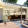 Modern Restaurant Outdoor Courtyard With Green Plants Water Feature And Wooden Tables