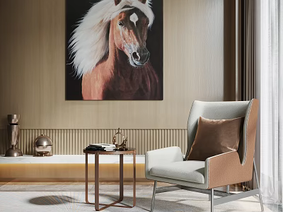 Elegant Accent Chair Living Area With Horse Painting Side Table Throw Pillow And Wooden Wall 3d model