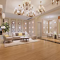 Elegant Decorative Plate Specialty Store Interior With Various Shapes Wall Decor Wooden Flooring And Chandeliers