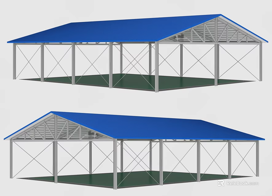 Blue Roof Metal Frame Shed Structure With Open Design And Green Floor 3d model 
