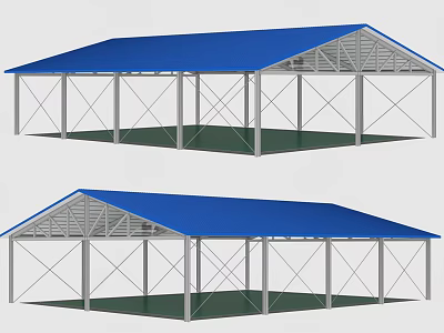 Blue Roof Metal Frame Shed Structure With Open Design And Green Floor 3d model