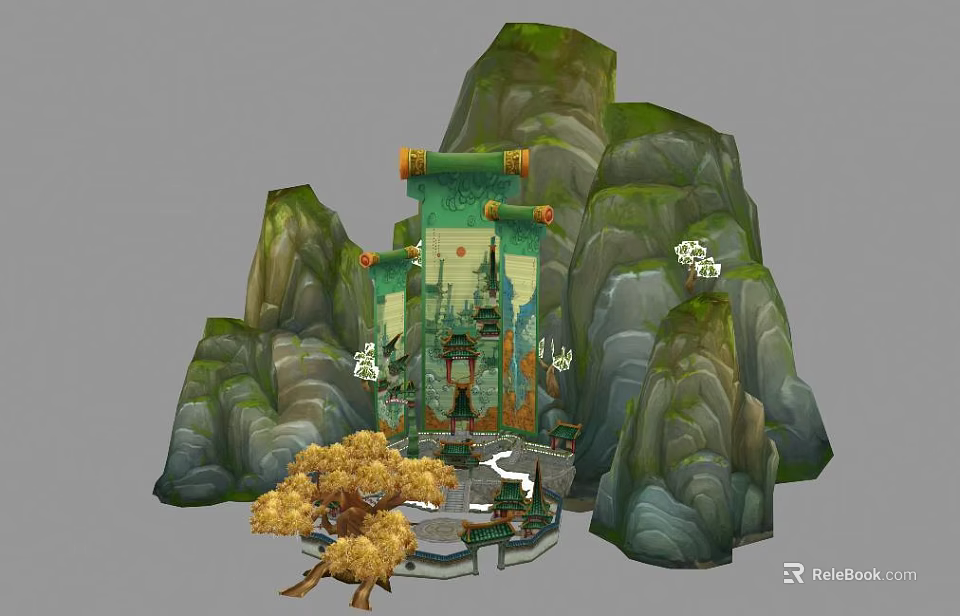 Ancient Architecture Set Against Rocky Mountains With Golden Trees Stone Platform And Scroll Decorations 3d model 