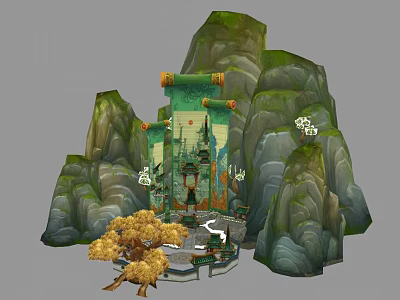 Ancient Architecture Set Against Rocky Mountains With Golden Trees Stone Platform And Scroll Decorations 3d model