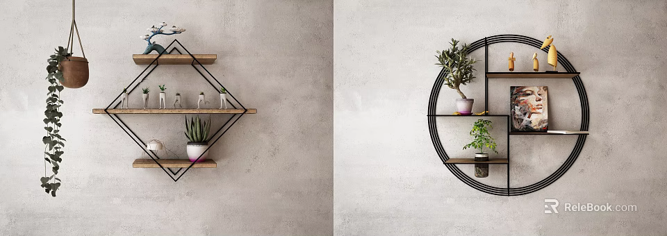Decorative Ornament Combination Geometric And Circular Metal Wood Shelves With Succulents Green Plants And Vases 3d model 