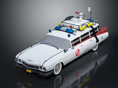 Vintage White Vehicle With Roof Mounted Red Blue Lights Yellow Buoys And Side Logo 3d model