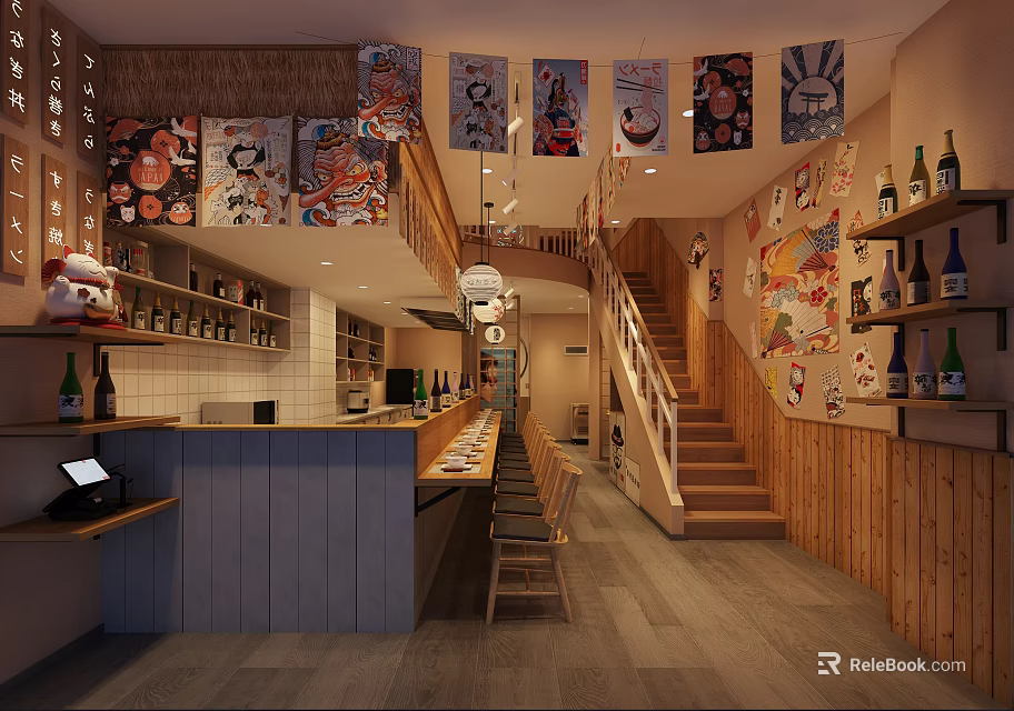 Traditional Japanese Restaurant Interior With Wooden Counter Staircase Decorative Posters And Bottle Shelves 3d model 