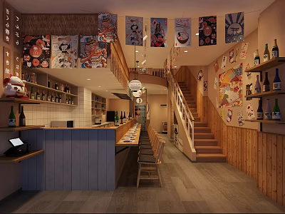 Traditional Japanese Restaurant Interior With Wooden Counter Staircase Decorative Posters And Bottle Shelves 3d model