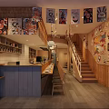 Traditional Japanese Restaurant Interior With Wooden Counter Staircase Decorative Posters And Bottle Shelves