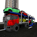 Car Carrier Transporting Multiple Cars On Urban Road With High Rise Building