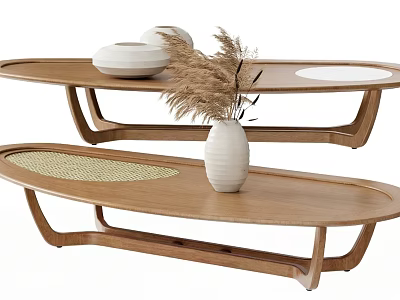 Wooden oval coffee tables featuring white bowl-like objects dried pampas grass woven mat and vase 3d model