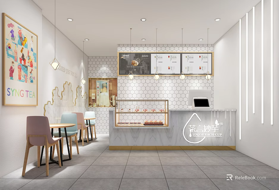 Modern Bubble Tea Shop Interior Design With Marble Counter Hexagonal Wall Tables Hanging Lights 3d model 