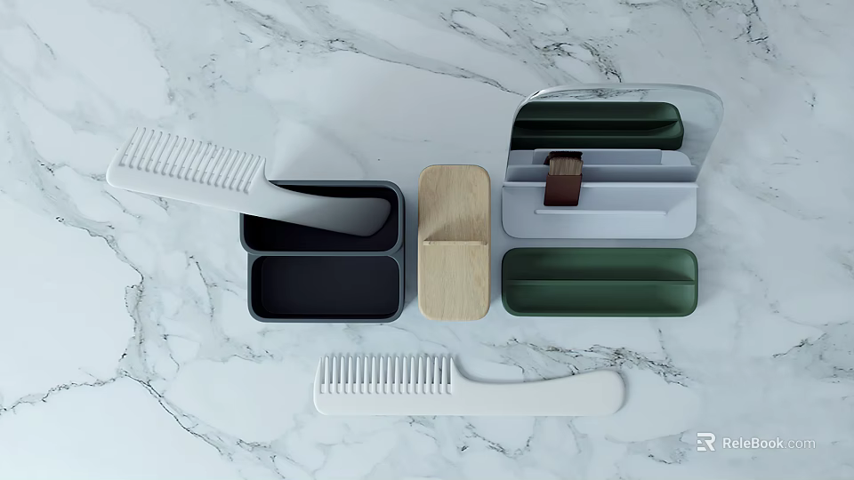 Functional Mirror With Storage Boxes And Combs On White Marble Countertop 3d model 