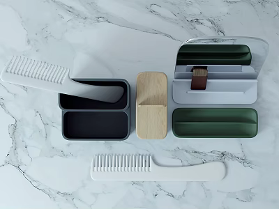 Functional Mirror With Storage Boxes And Combs On White Marble Countertop 3d model