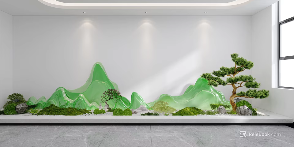 Karesansui Dry Landscape Design With Green Mountain Forms And Pine Tree 3d model