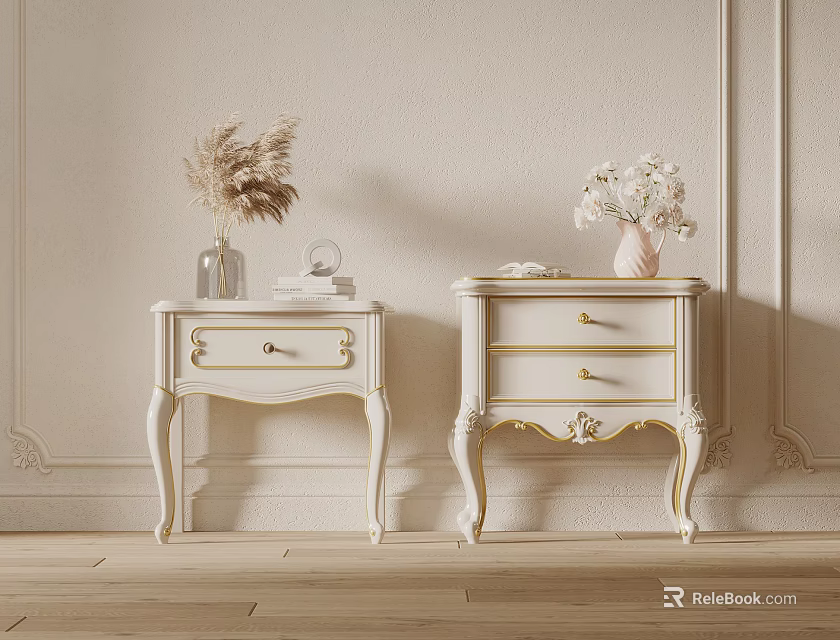 White Bedside Tables with Gold Accents and Flower Vases on Light Wall Wooden Floor 3d model 