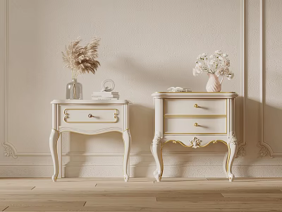 White Bedside Tables with Gold Accents and Flower Vases on Light Wall Wooden Floor 3d model