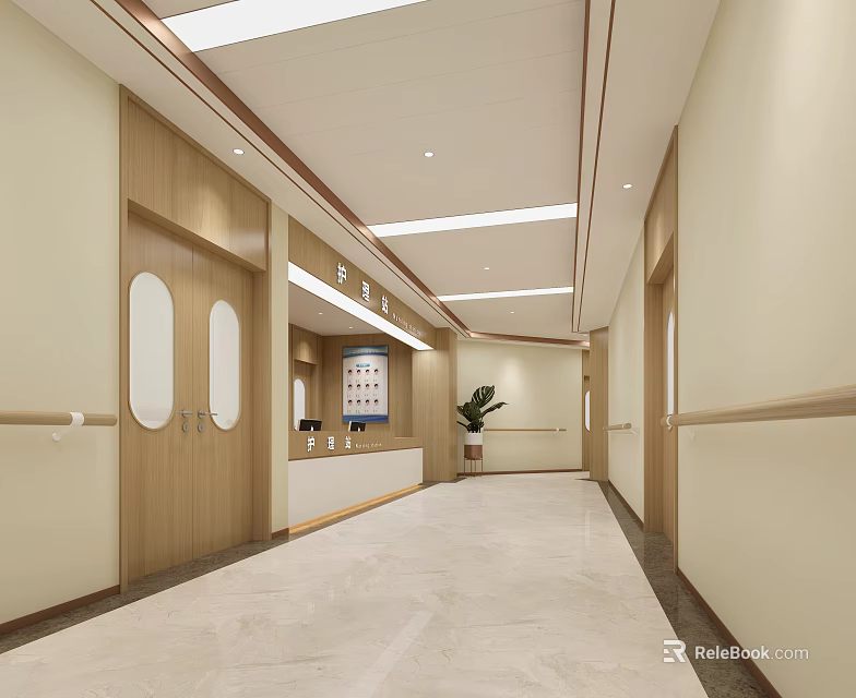 Hospital Outpatient Corridor With Light Walls Wooden Doors Reception Desk Polished Floor And Lighting 3d model 