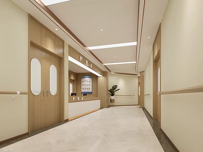 Hospital Outpatient Corridor With Light Walls Wooden Doors Reception Desk Polished Floor And Lighting 3d model
