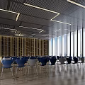 Modern Conference Room Interior With Blue White Chairs Wooden Flooring Grid Ceiling And Large Windows