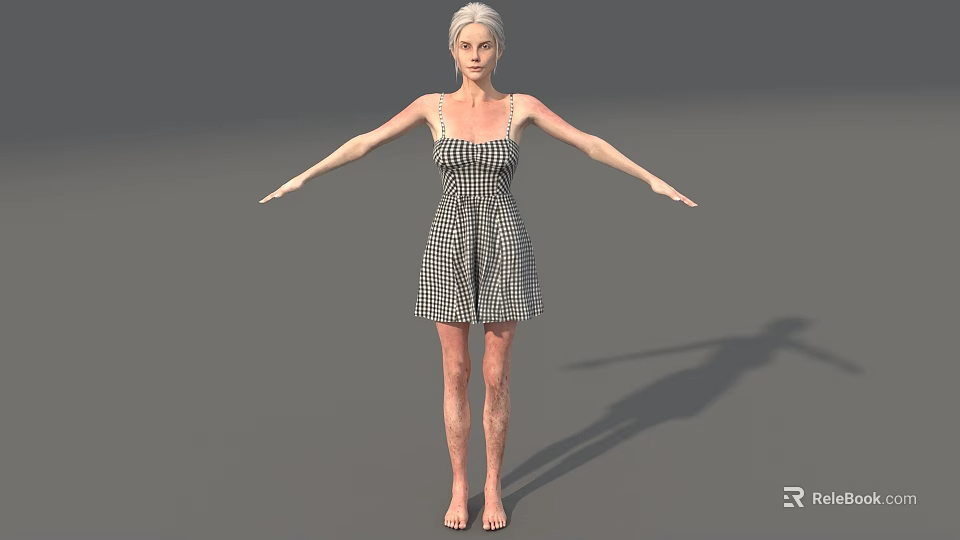 Woman in black and white checkered dress with arms outstretched standing against gray background barefoot 3d model 