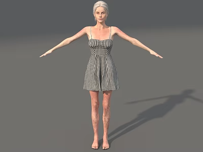 Woman in black and white checkered dress with arms outstretched standing against gray background barefoot 3d model