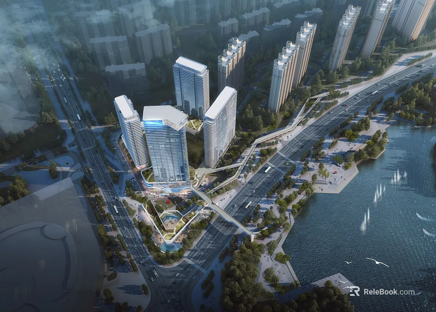 Aerial View Master Plan With High Rise Buildings Road Network Waterfront And Green Spaces 3d model 