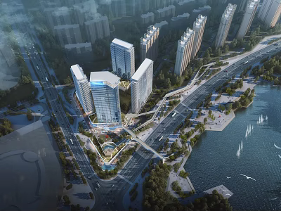 Aerial View Master Plan With High Rise Buildings Road Network Waterfront And Green Spaces 3d model