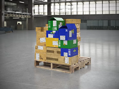 Industrial Equipment Storage Boxes In Various Colors Stacked On Wooden Pallet In Warehouse 3d model