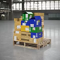 Industrial Equipment Storage Boxes In Various Colors Stacked On Wooden Pallet In Warehouse