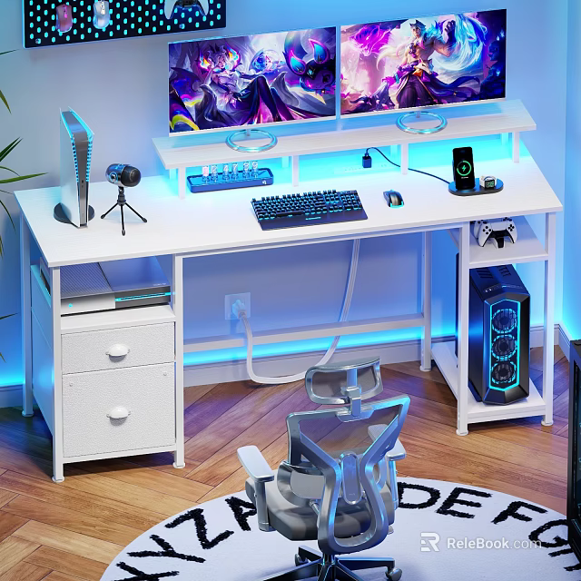 Modern White Gaming Desk With Dual Monitors Keyboard Mouse RGB Lighting And PC Case 3d model 