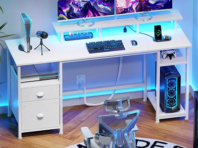 Modern White Gaming Desk With Dual Monitors Keyboard Mouse RGB Lighting And PC Case 3d model