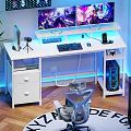 Modern White Gaming Desk With Dual Monitors Keyboard Mouse RGB Lighting And PC Case