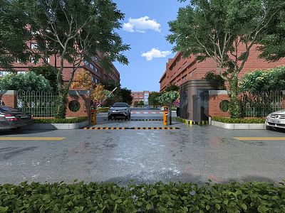 Modern Industrial Park Entrance With Access Control System Lush Greenery And Elegant Red Brick Buildings 3d model