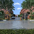 Modern Industrial Park Entrance With Access Control System Lush Greenery And Elegant Red Brick Buildings