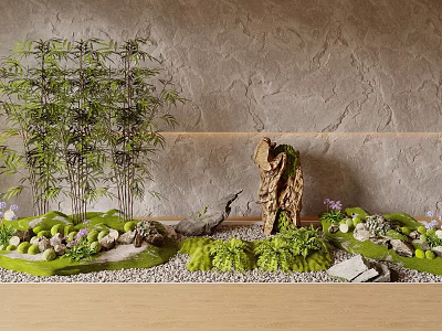 Indoor Zen Style Miniature Landscape With Bamboo Rockery Stones And Gray Wall 3d model