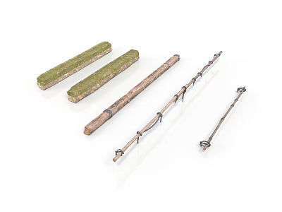 Household Cleaning Brushes with Long Wooden Handles and Green Sponge Heads 3d model