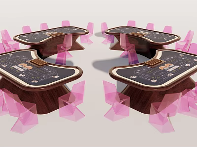 Modern Set of Wooden Entertainment Tables with Board Game Layout and Pink Chairs 3d model