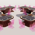 Modern Set of Wooden Entertainment Tables with Board Game Layout and Pink Chairs